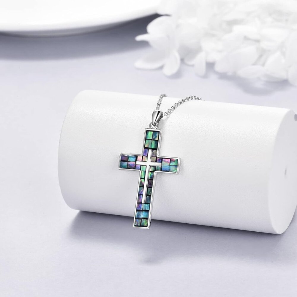 Sterling Silver Abalone Shell Cross Necklace, Ele… - image 3